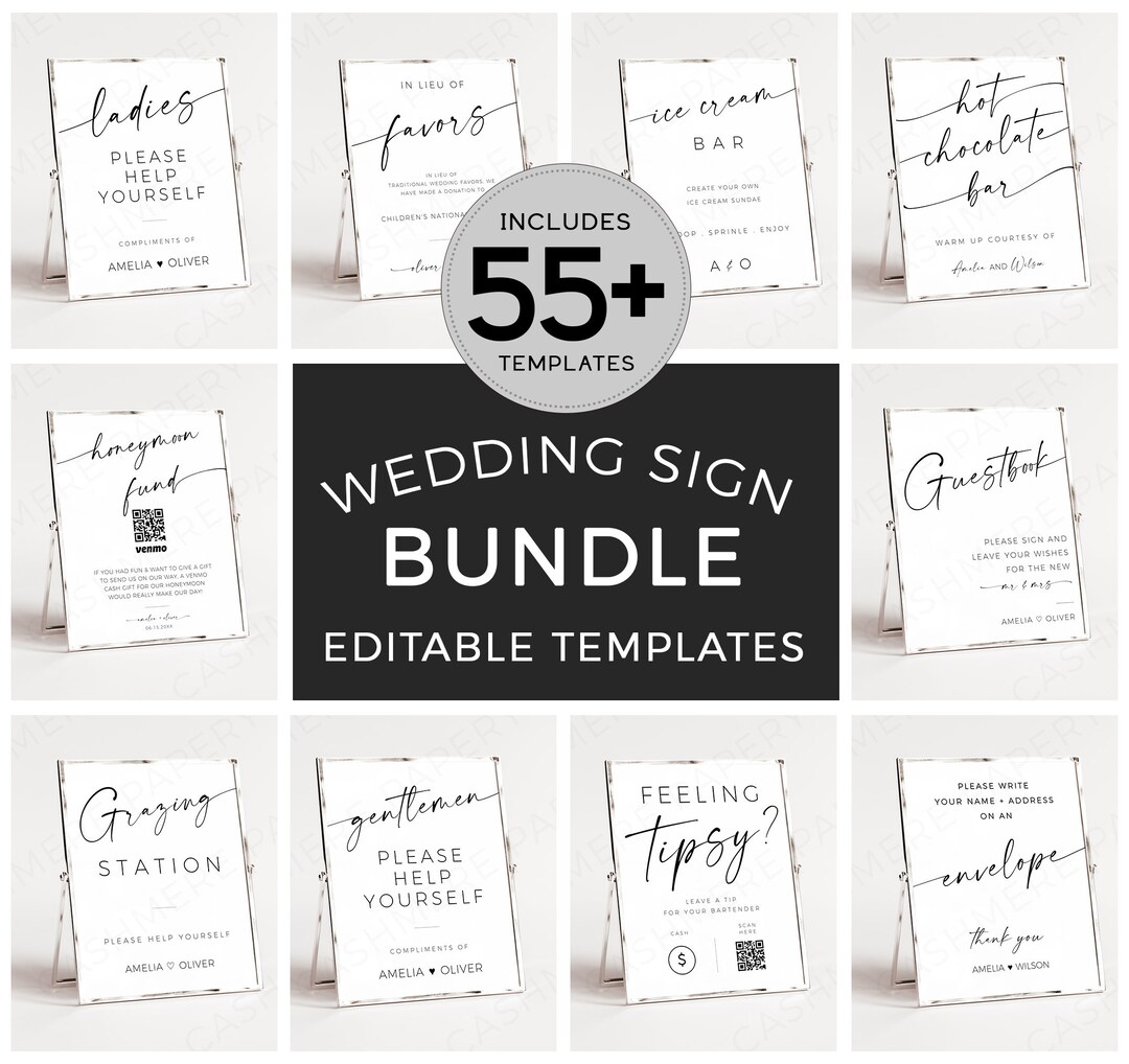 Minimalist Wedding Reception Signs Templates Bundle Modern Editable ...