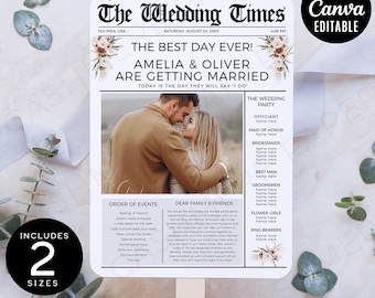 Może przedstawiać: Wachlarz z programem weselnym w formie gazety z nagłówkiem "The Best Day Ever!" ze zdjęciem pary. Projekt zawiera kwiatowe akcenty i pola tekstowe. Zawiera 2 rozmiary.