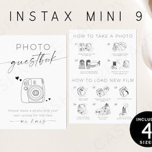 Instax Mini 9 Polaroid Guest Book Signs, How to Take Photo and Load New Film Sign Templates, Camera Instructions Guestbook Editable Templett