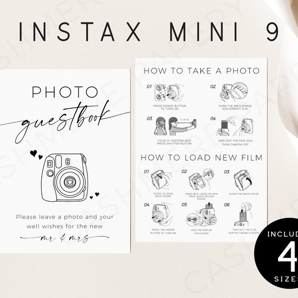 Instax Mini 9 Polaroid Guest Book Signs, How to Take Photo and Load New Film Sign Templates, Camera Instructions Guestbook Editable Templett