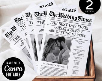 The Newlywed Times 4 Page, Editable Wedding Newspaper Program, Newspaper Wedding Program Template, Printable Wedding Infographic, CANVA
