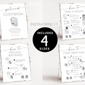 Puede incluir: Cuatro carteles imprimibles para una cámara Instax Mini 11. Los carteles son en blanco y negro con un fondo de madera rústico. Los carteles incluyen instrucciones sobre cómo tomar una foto, reemplazar las baterías, cargar una película nueva y cómo usar la cámara como libro de visitas.