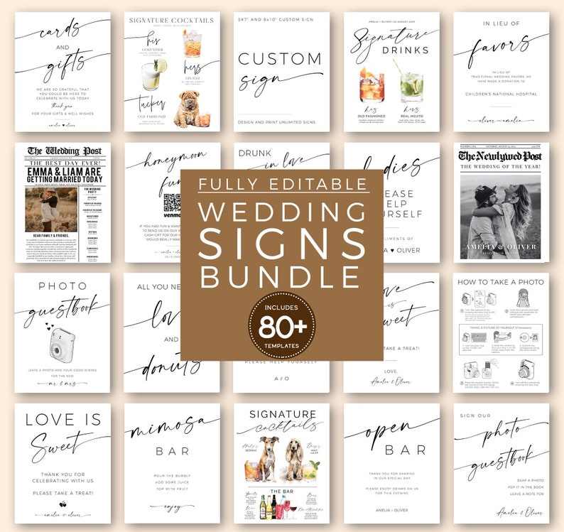 Modern Minimalist Wedding Signs Bundle, 80 Reception Table Signs Set, Welcome, Drinks, Newspaper Editable Templates, DIY Printable Download image 1