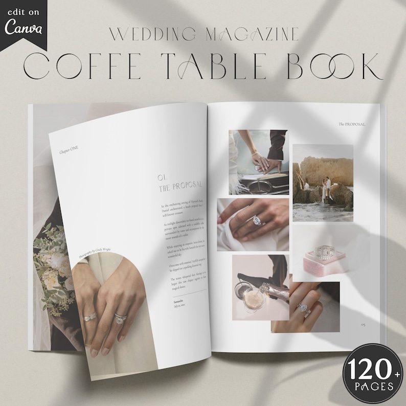 Pu&ograve; includere: Una rivista di nozze con una copertina bianca e il testo "Wedding Magazine Coffee Table Book" in nero. La rivista &egrave; aperta a una pagina con il titolo "The Proposal" e immagini di una coppia che si fidanza.