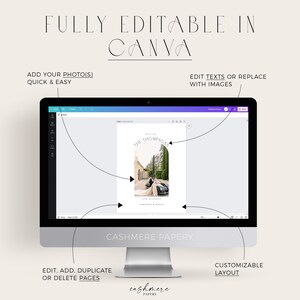 Pu&ograve; includere: Uno schermo di computer che mostra un modello di invito di nozze in Canva. Il modello presenta una foto di una coppia davanti a un edificio con il testo "The Thompsons" e "Save the Date" in alto. Il modello &egrave; personalizzabile con testo e immagini. Lo schermo mostra anche il testo "Cashmere Papery" in basso.
