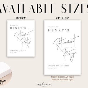 Puede incluir: Dos letreros blancos con texto negro que dicen "WELCOME TO HENRY'S Retirement Party" y "CHEERS TO 40 YEARS!". Los letreros est&aacute;n disponibles en tama&ntilde;os de 45,7 cm x 61 cm y 61 cm x 91,4 cm. Se muestra un n&uacute;cleo de espuma blanco en la parte inferior izquierda.