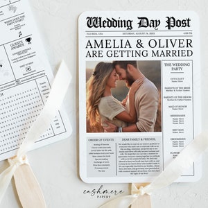 Newspaper Wedding Program 5x7 | Newspaper Wedding Program Fan With Timeline | Newspaper Wedding Program Fan | Canva Wedding Newspaper