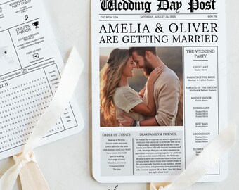 Newspaper Wedding Program 5x7 | Newspaper Wedding Program Fan With Timeline | Newspaper Wedding Program Fan | Canva Wedding Newspaper