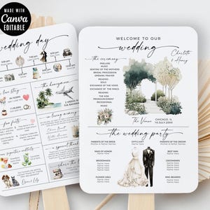 Custom Wedding Itinerary Fan, Church Wedding Program with Editable Infographic Fan Template, Ceremony Timeline Free Elements Printable Cards