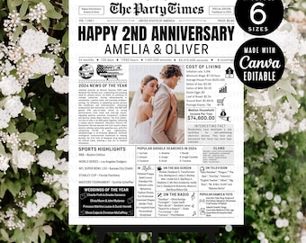 Anniversary Newspaper Gift, 2nd Wedding Year Newspaper Template, Printable Gift Ideas for Couples Two Year, Digital Download, CANVA