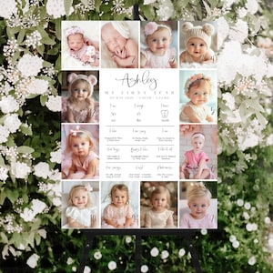 May include: A personalized baby milestone chart with the name "Ashley" and the text "My First Year." The chart includes photos of a baby at different ages, with measurements in cm and lbs.