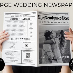 Newspaper Wedding Program Invitation Template | Infographic Photo Wedding Invitation | Printable Wedding Programs Canva Editable Templates