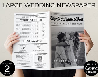 Wedding Newspaper Canva Edit, Folded Large News Paper Program Template, Infographic Photo Invitation DIY Printable Instant Digital Download