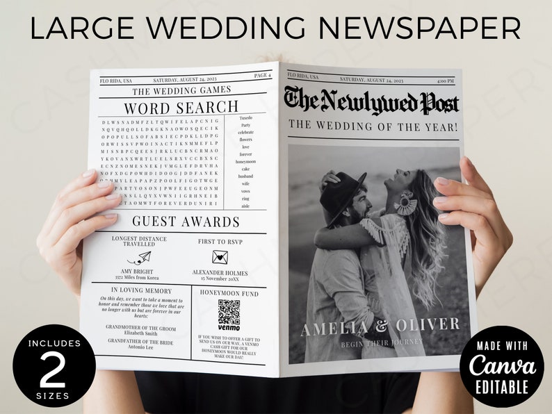 Wedding Newspaper Canva Edit, Folded Large News Paper Program Template, Infographic Photo Invitation DIY Printable Instant Digital Download image 1