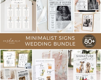 Minimal Wedding Sign Bundle, Wedding Reception Table Signs 80+ Templates, Custom Photo Templett Signages & Canva Newspaper Program Printable