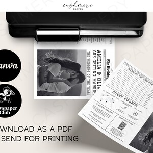 May include: A black and white wedding announcement newspaper template with a photo of a couple embracing. The headline reads "Amelia & Oliver Are Getting Married! The Wedding of the Year!" The template includes a wedding crossword puzzle, guest awards, and a honeymoon fund QR code.