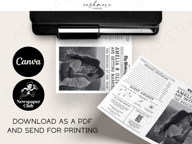 May include: A black and white wedding announcement newspaper template with a photo of a couple embracing. The headline reads "Amelia & Oliver Are Getting Married! The Wedding of the Year!" The template includes a wedding crossword puzzle, guest awards, and a honeymoon fund QR code.