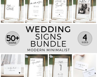 Minimalist Wedding Sign and Seating Number Place Card Templates with Meal Icons, 50+ Editable Reception Signs and Table Numbers Bundle DIY