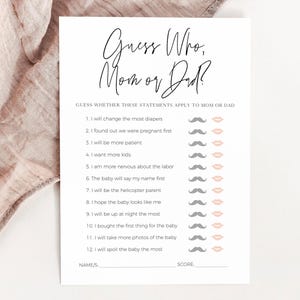 Raad eens wie mama of papa spel, babyshower mama of papa raadspel bewerkbare sjabloon downloadbare, moderne minimalistische leuke activiteit afdrukbaar