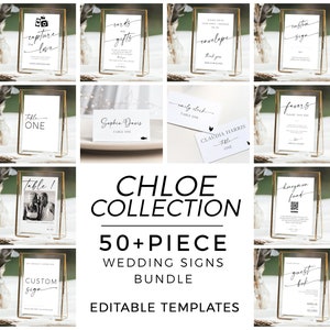 Wedding Minimalist Signage & Place Card Templates Bundle, 50+ Editable Reception Signs, Table Numbers, Printable DIY Downloads – Templett