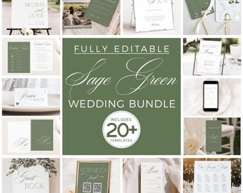 Wedding Stationery Bundle Template, Sage Green Invitation Set, Minimal Wedding Stationery Bundle, Modern Wedding Signage, Wedding Menu Canva