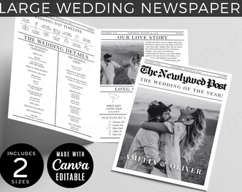 Folded Newspaper Wedding Program with Large Picture | Canva Editable Wedding Infographic Timeline Template with Crossword Wedding Game