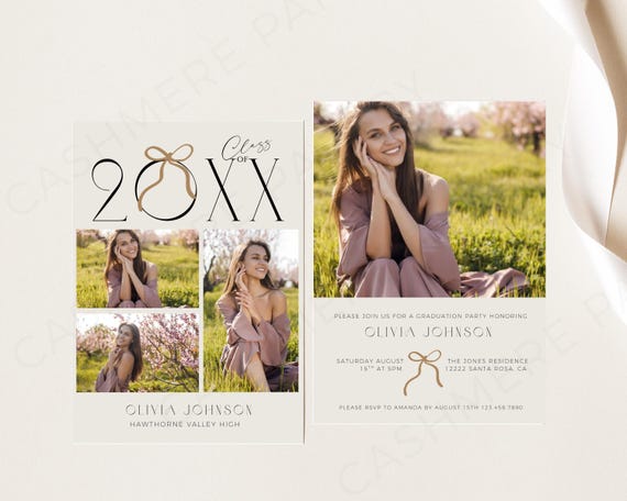 Graduation Invitations With Gold Bow, 2026 Girl Grad Invitation Card,  Editable Graduation Party Invite Template, Instant Download, CANVA - Etsy