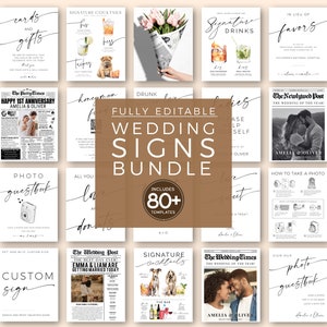 Modern Minimalist Wedding Signs Bundle, 80+ Reception Table Signs Set, Welcome, Drinks, Newspaper Editable Templates, DIY Printable Download