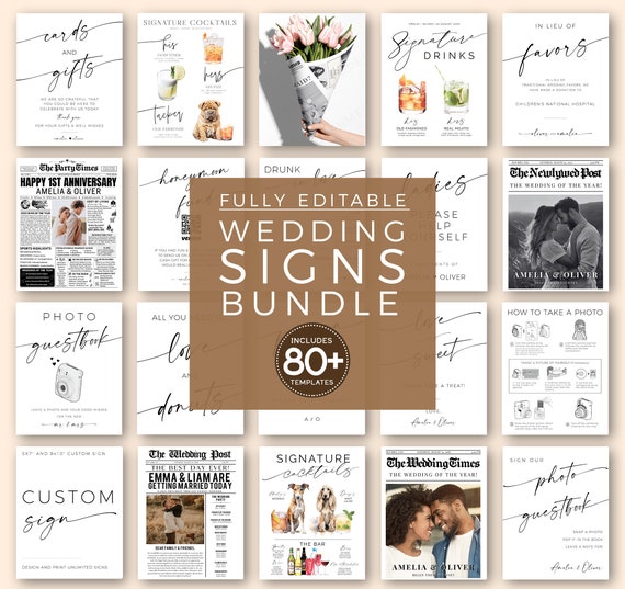 Modern Minimalist Wedding Signs Bundle, 80+ Reception Table Signs Set, Welcome, Drinks, Newspaper Editable Templates, DIY Printable Download