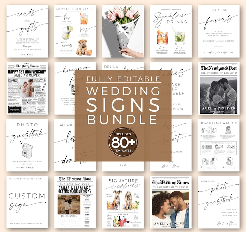 Modern Minimalist Wedding Signs Bundle, 80+ Reception Table Signs Set, Welcome, Drinks, Newspaper Editable Templates, DIY Printable Download