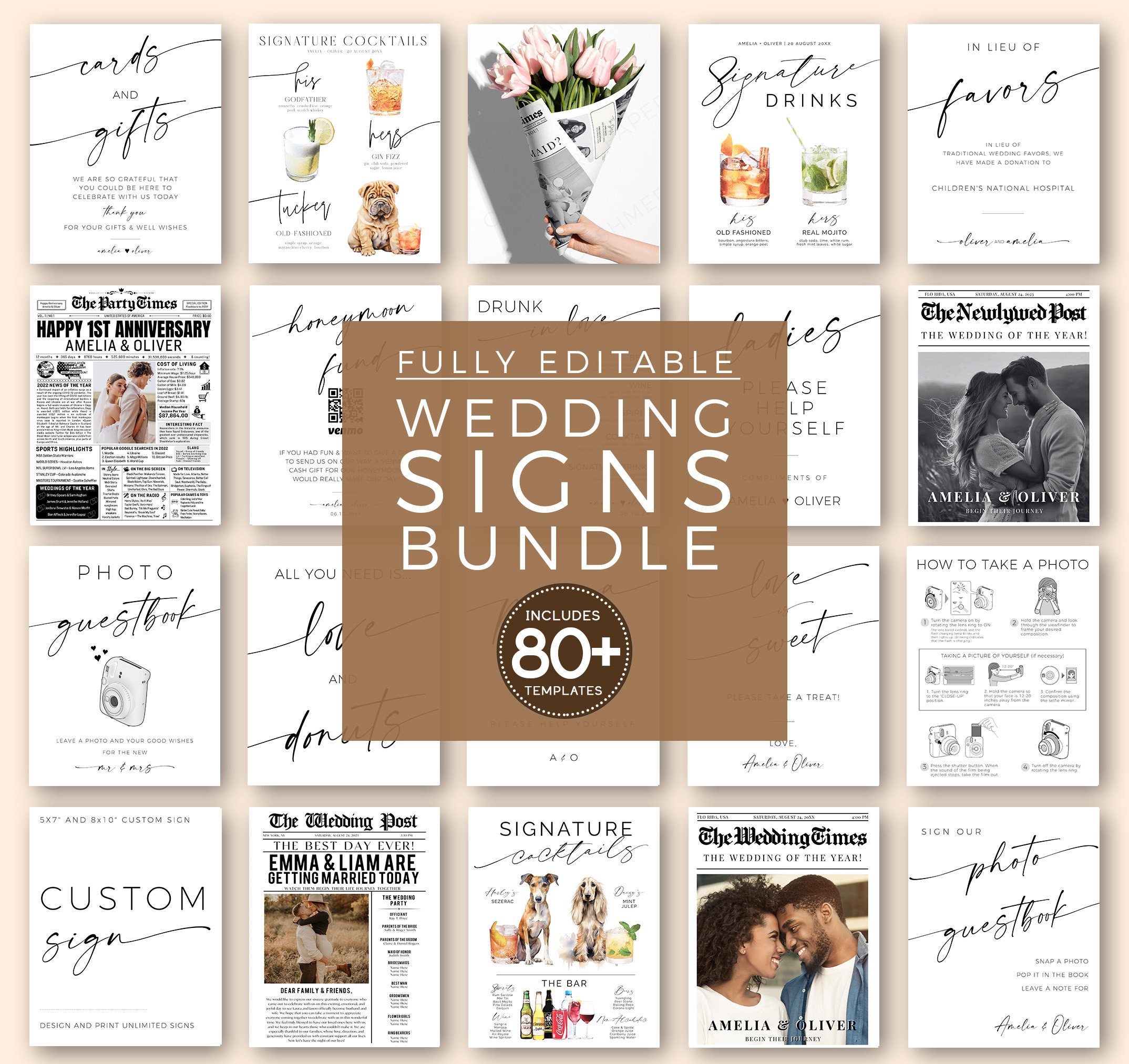Modern Minimalist Wedding Signs Bundle, 80+ Reception Table Signs Set, Welcome, Drinks, Newspaper Editable Templates, DIY Printable Download
