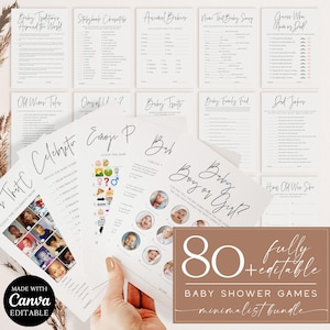 Fully Editable Baby Shower Games Bundle, 80+ Minimal Printable Baby Trivia Photo Guessing Game with Keys, Cards Signs Tickets Template Canva