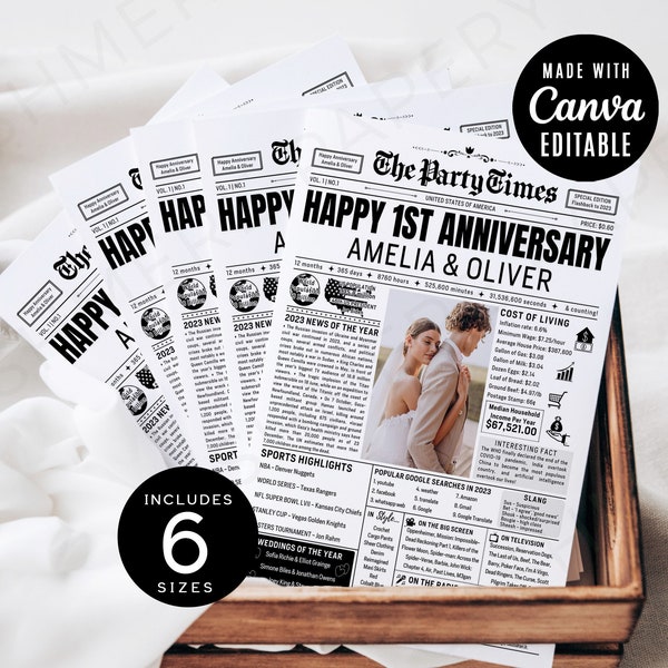 Wedding Anniversary Newspaper Template, Custom Couples 1st Infographic Photo Poster Digital Template, Printable Tabloid Gift Ideas Canva DIY