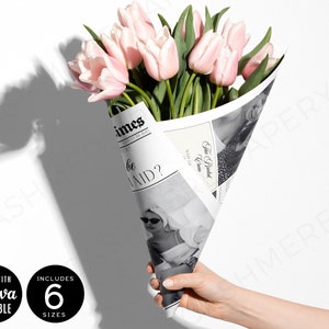 Newspaper Bridesmaid Proposal Bouquet Wrap, Maid of Honor Flower Wrap Newspaper with Editable Photos Templates Canva DIY Digital Download