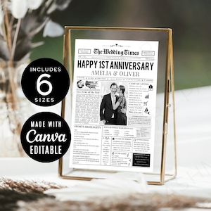 1st Wedding Anniversary Newspaper, Editable Wedding Infographic with Photo Signage Printable Custom Poster Gift for Couples First Year CANVA