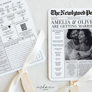 Newspaper Wedding Program Fan, Wedding Newspaper Fan, Canva Editable Ceremony Timeline with Photo, Printable Wedding Infographic, Prtinable