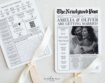 Newspaper Wedding Program Fan, Wedding Newspaper Fan, Canva Editable Ceremony Timeline with Photo, Printable Wedding Infographic, Prtinable