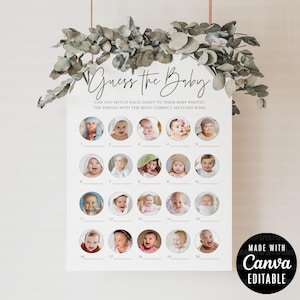 Guess the Baby Photo Game Template, Modern Minimalist Printable Guests Baby Picture Quiz, Custom Who's That Baby Photo Sign and Card, Canva