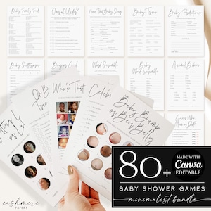 May include: A collection of baby shower games with minimalist designs. The games include "Baby Trivia," "Who's That Celeb," and "Baby Bump or Beer Belly." The bundle includes 80+ editable games, perfect for a baby shower.
