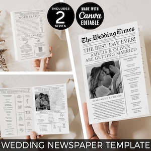 May include: A printable wedding newspaper template with a black and white design. The template includes a word search, guest awards, wedding details, and a love story section. The template is editable and can be customized with your own photos and text.