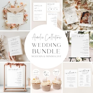 May include: A wedding stationery bundle with a modern and minimalist design. The bundle includes a wedding invitation, RSVP card, details card, rehearsal dinner invitation, welcome sign, wedding weekend events card, and a drink menu sign. The design features a simple black and white color scheme with a handwritten font.