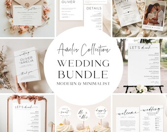 Könnte beinhalten: Ein Hochzeits-Stationary-Paket mit modernem und minimalistischem Design. Das Paket beinhaltet eine Hochzeitseinladung, eine RSVP-Karte, eine Detailkarte, eine Einladung zum Probeessen, ein Willkommens-Schild, eine Karte mit den Hochzeits-Wochenend-Events und ein Getränke-Menü-Schild. Das Design zeichnet sich durch ein schlichtes Schwarz-Weiß-Farbschema mit einer handschriftlichen Schriftart aus.