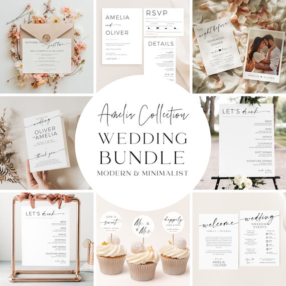Complete Wedding Bundle, Editable Modern Minimalist Wedding Stationary Calligraphy Templates, Templett DIY Printable Digital Download SPM08