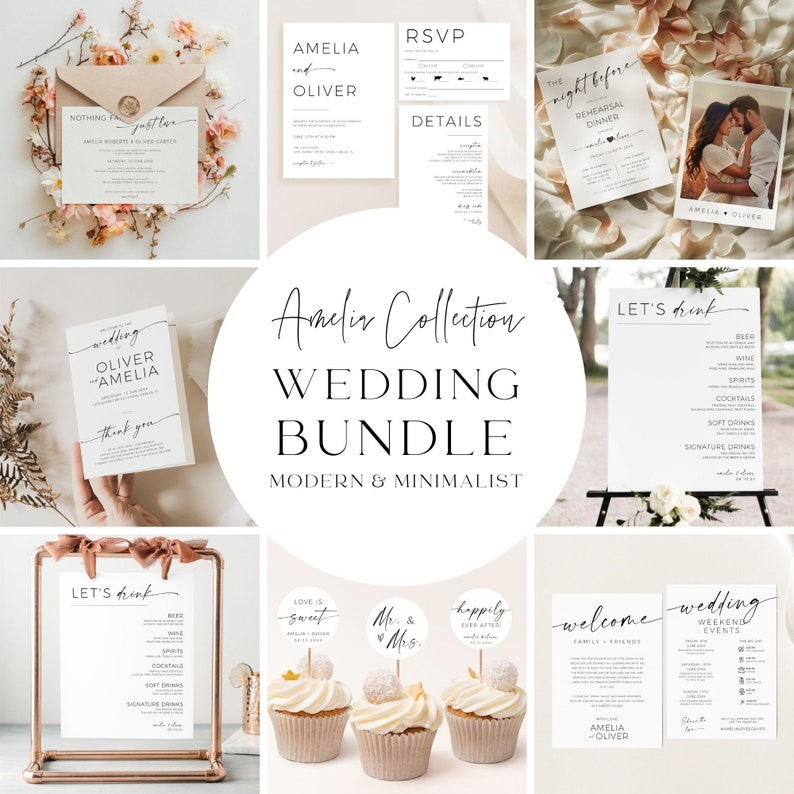 May include: A wedding stationery bundle with a modern and minimalist design. The bundle includes a wedding invitation, RSVP card, details card, rehearsal dinner invitation, welcome sign, wedding weekend events card, and a drink menu sign. The design features a simple black and white color scheme with a handwritten font.