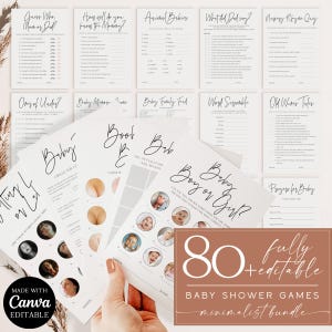 Printable 80+ Minimalist Baby Shower Games Bundle, Fully Editable Guessing Games with Keys, Free Signs Tickets and Cards DIY Templates Canva