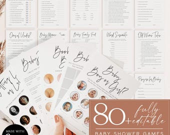 Printable 80+ Minimalist Baby Shower Games Bundle, Fully Editable Guessing Games with Keys, Free Signs Tickets and Cards DIY Templates Canva