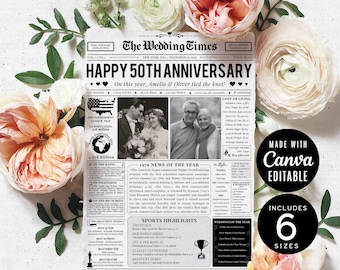 50th Anniversary Newspaper, Gift for Parents Golden Anniversary Wedding Photos Newspaper Infographic Templates, Canva Download Couple Gift