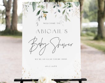 Eucalyptus Baby Shower Welcome Poster, Editable Baby Shower Sign, Greenery Shower Decor, Neutral Baby Welcome Sign Printable, Canva Template