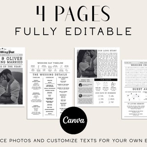 May include: Four black and white printable pages for a wedding. The pages include a wedding announcement, a wedding timeline, a love story, and a wedding crossword puzzle. The text on the pages is editable. The text on the announcement page reads "Amelia & Oliver are getting married. The wedding of the year!"