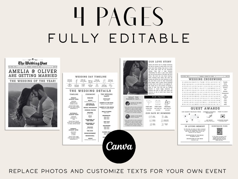 May include: Four black and white printable pages for a wedding. The pages include a wedding announcement, a wedding timeline, a love story, and a wedding crossword puzzle. The text on the pages is editable. The text on the announcement page reads "Amelia & Oliver are getting married. The wedding of the year!"
